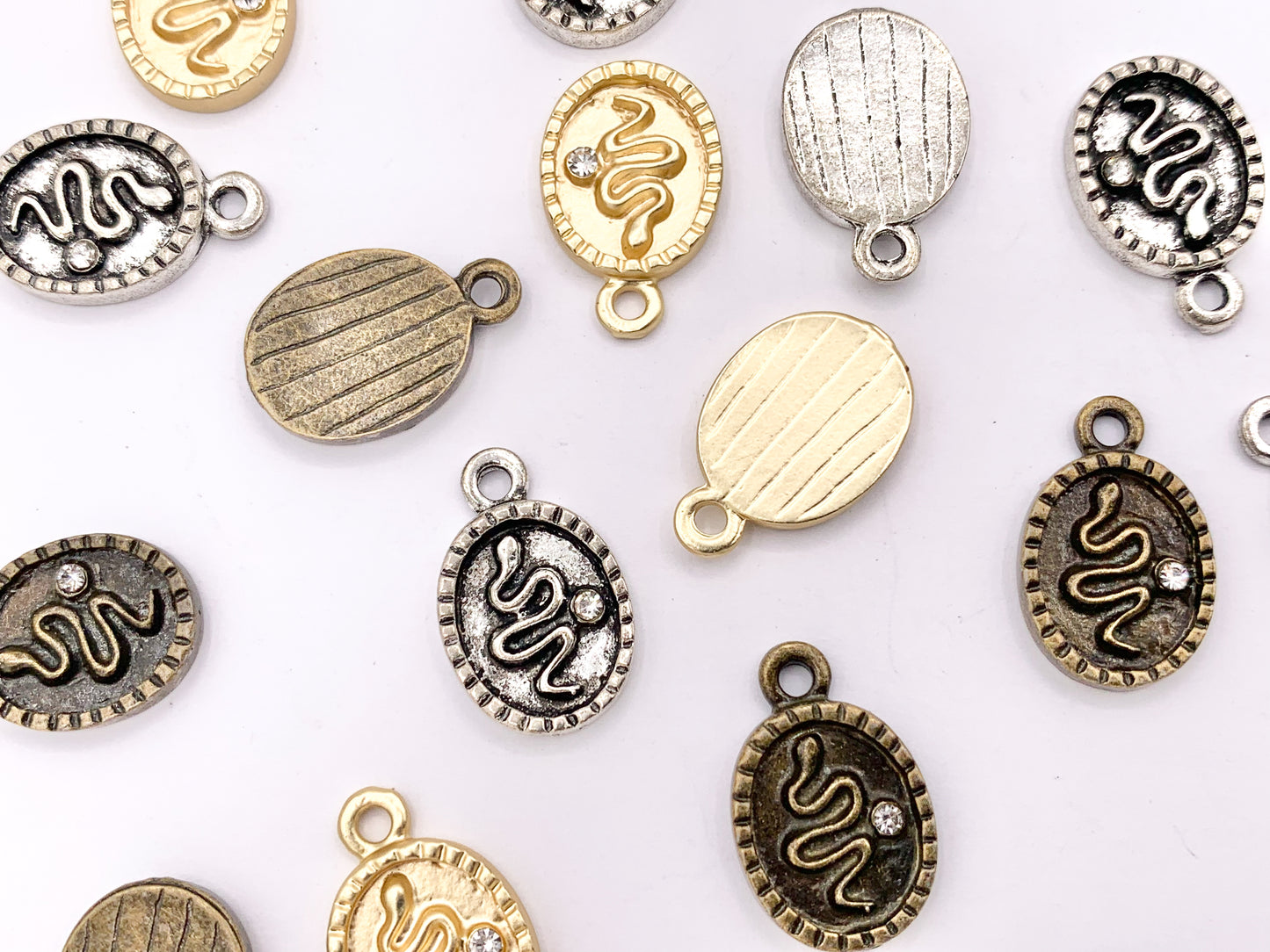 10x16mm Pewter Oval Snake Charm with Crystal | Available in Bronze, Matte Gold, Antique Silver