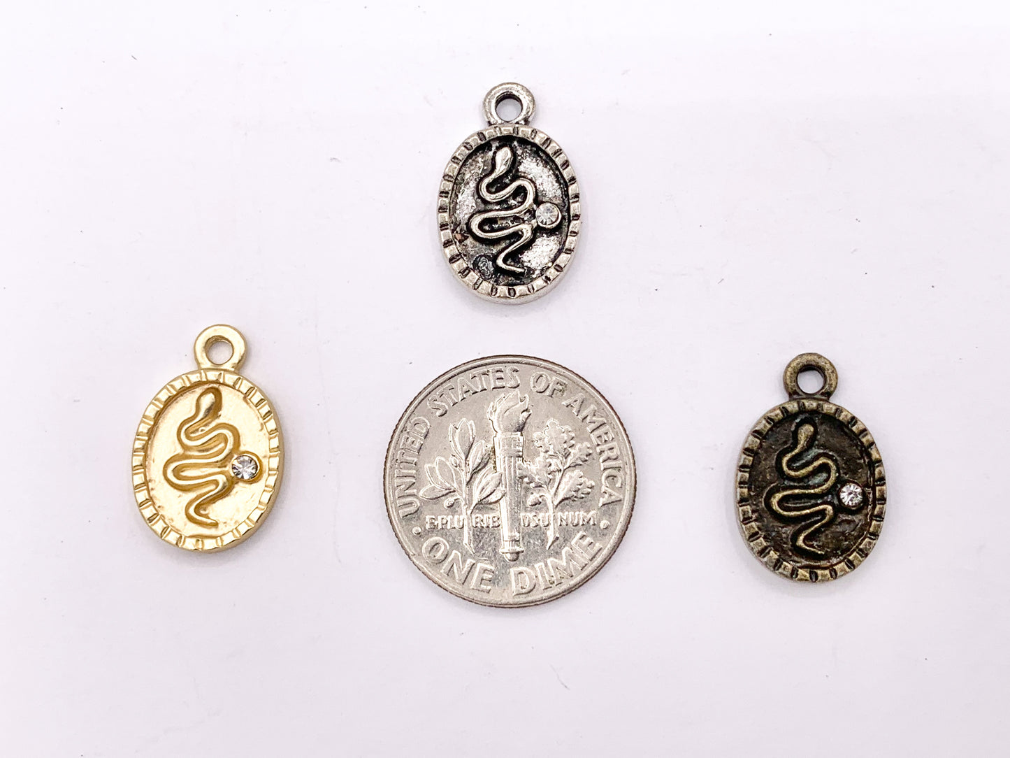 10x16mm Pewter Oval Snake Charm with Crystal | Available in Bronze, Matte Gold, Antique Silver