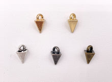 Load image into Gallery viewer, 5x10mm Pewter Tiny Spike Charms Bulk Order in Matte Gold, Rosy Gold, Silver, Brass and Gunmetal
