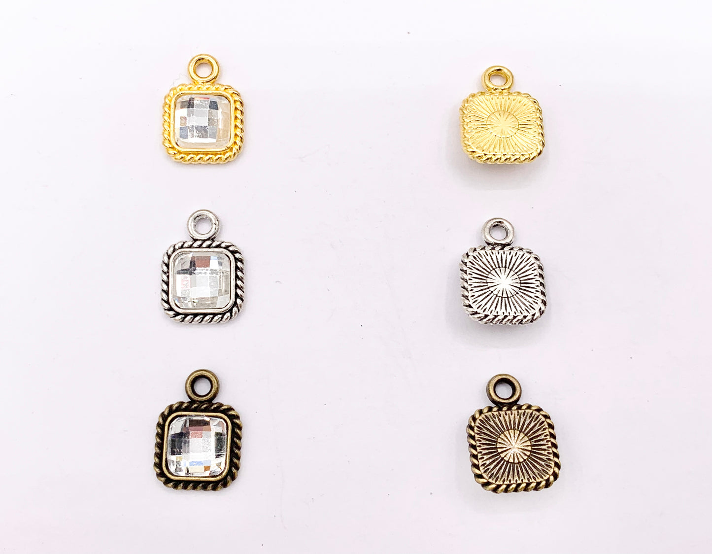 10mm Pewter Tiny Clear/ Clear AB Crystal Square Charm Mini Diamond Charm Available in Bronze, Gold, Silver