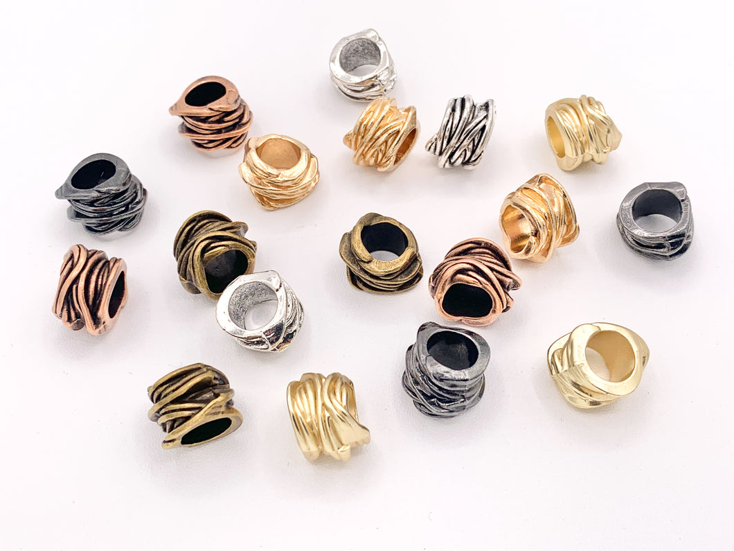 11x14mm Pewter Roped Twisted Tube Large Hole Wrapped Textured Spacer Beads Rosy Gold, Matte Gold, Silver, Bronze, Copper And Gunmetal