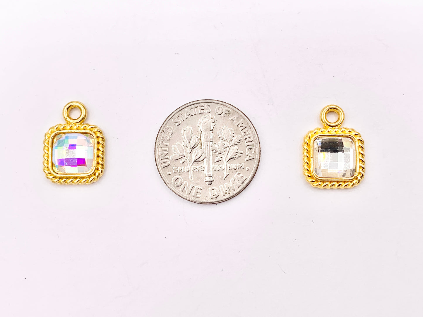 10mm Pewter Tiny Clear/ Clear AB Crystal Square Charm Mini Diamond Charm Available in Bronze, Gold, Silver