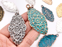 Cargar imagen en el visor de la galería, 28x56mm Pewter Flower Carved Shield Pendants Beautiful Antique Looking Oval Pendant in 11 Colors
