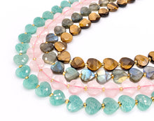 Cargar imagen en el visor de la galería, 12mm Shiny Heart Shape Hand Cut Gemstone Beads Valentine&#39;s Day Heart Beads 15&quot; Tiger&#39;s Eye/Labradorite/Rose Quartz/Peruvian Amazonite
