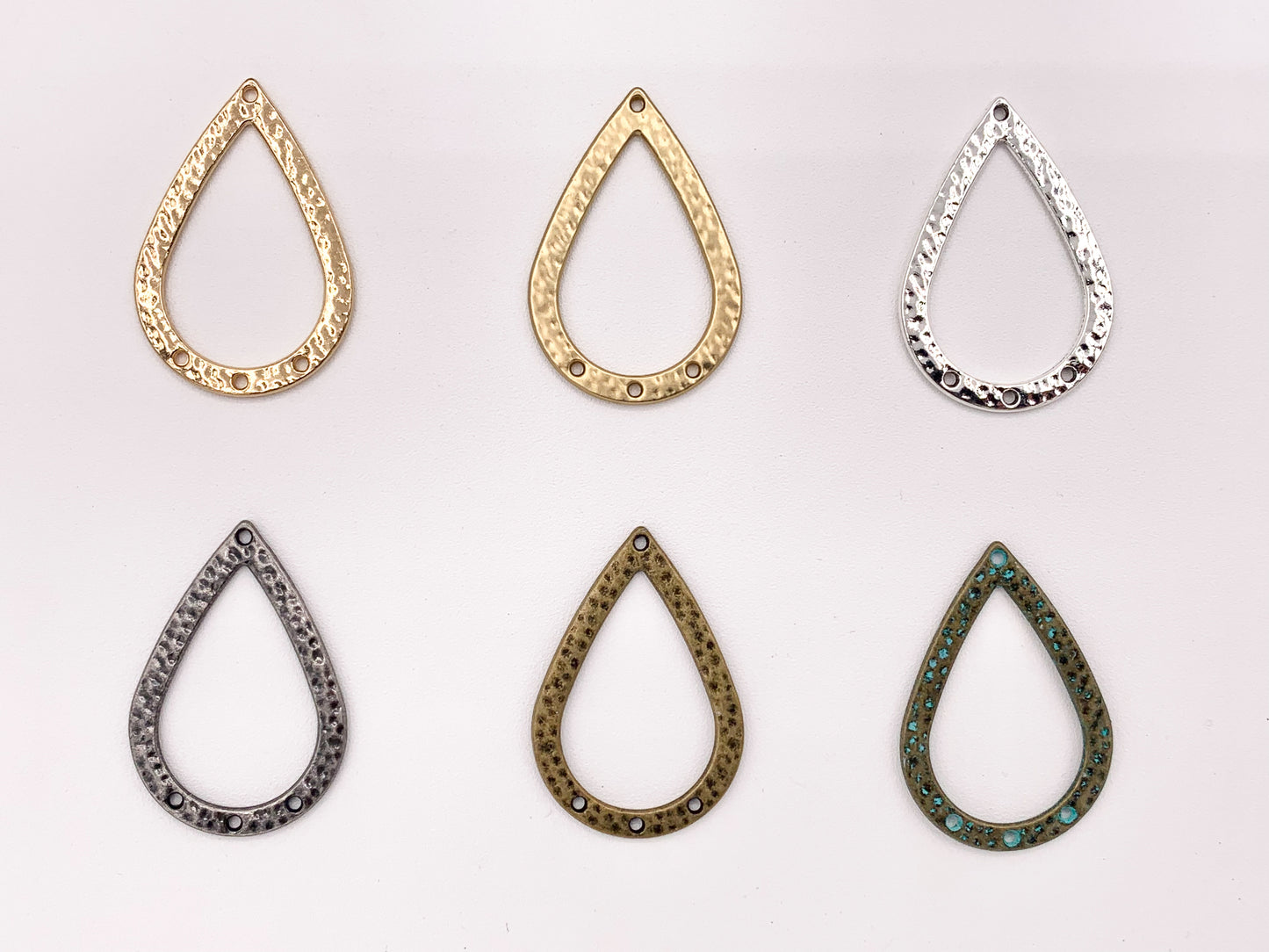 27x39mm Pewter Teardrop Pendants Hammered Chandelier 3 Holes Connectors Bulk Order in Matte Gold, Gold, Silver, Brass, Gunmetal and Patina