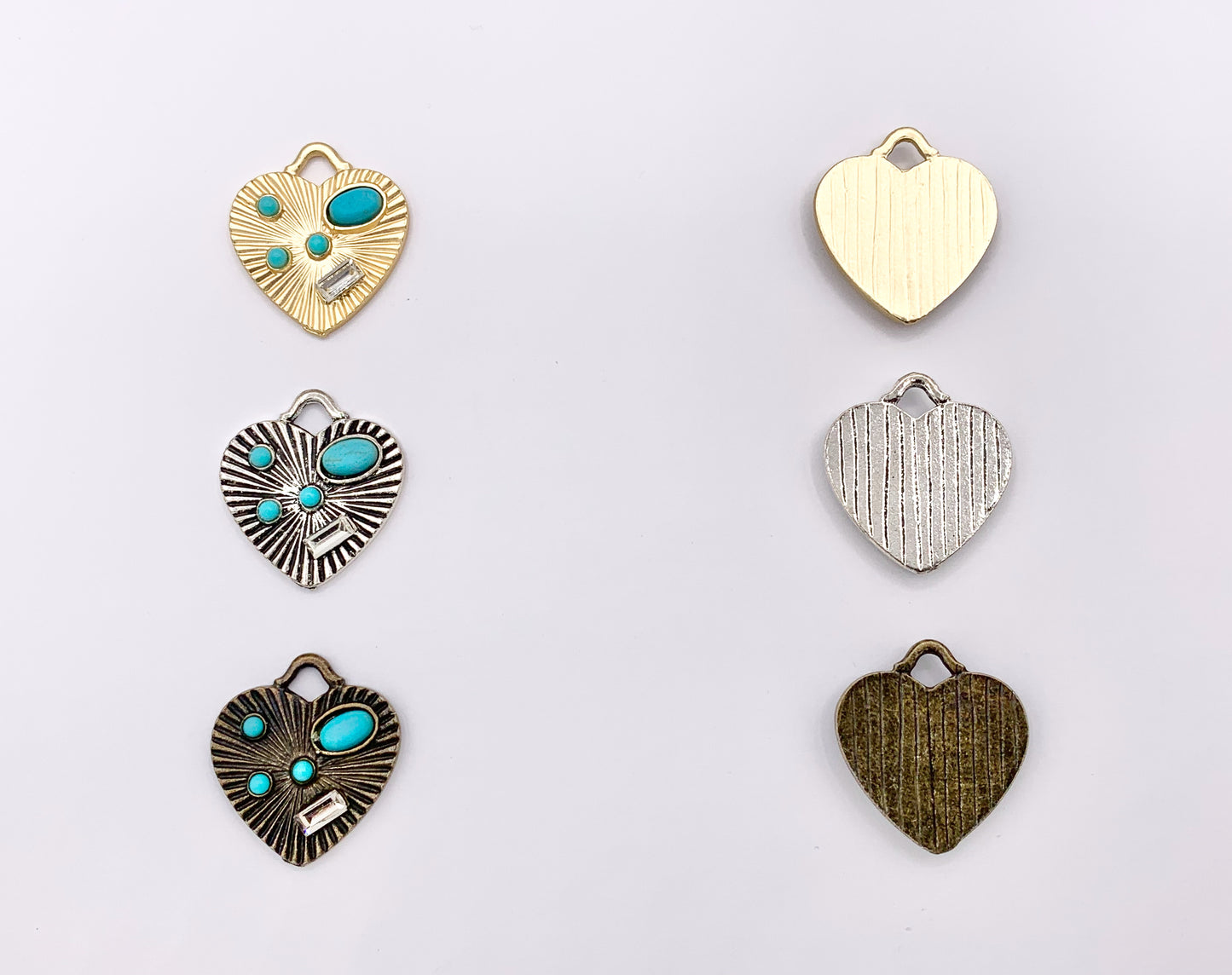 20mm Pewter Heart With Turquoise Charms Valentine's Day Heart Pendants in Matte Gold, Silver and Bronze Color