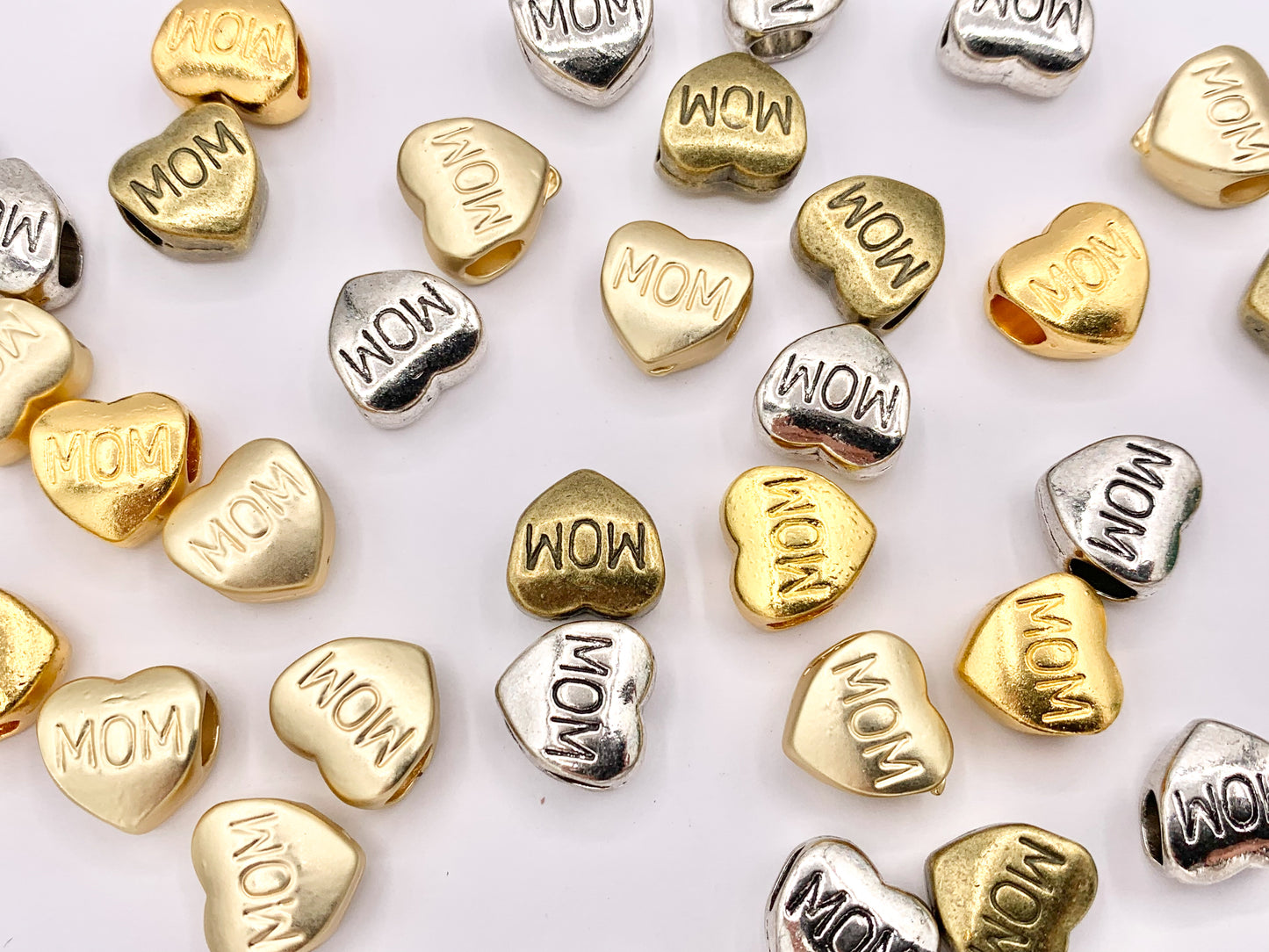 10mm Pewter Heart Spacer Beads Double Sided MOM Puffy Heart Space Beads in Gold, Matte Gold, Silver and Bronze Color