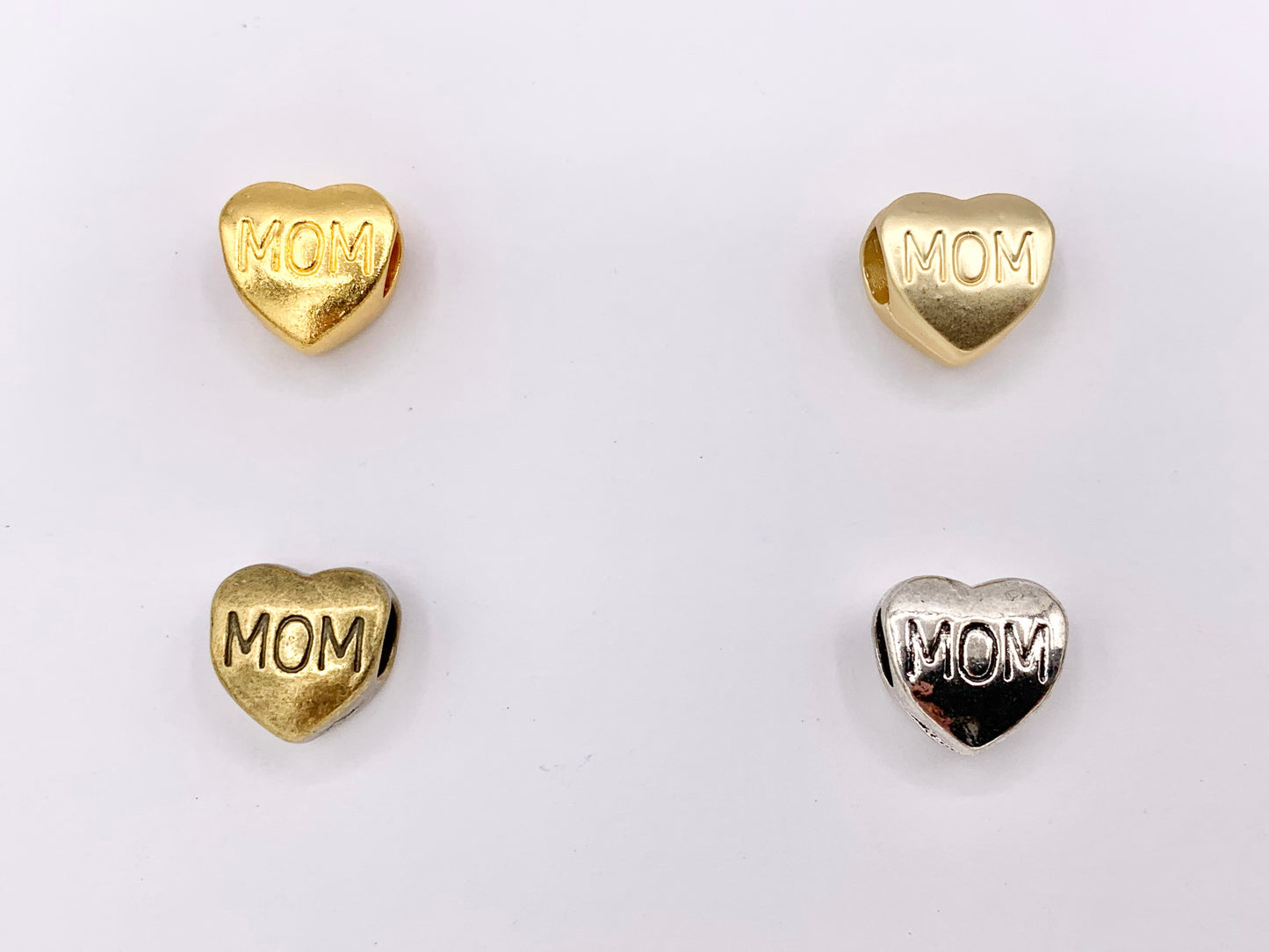 10mm Pewter Heart Spacer Beads Double Sided MOM Puffy Heart Space Beads in Gold, Matte Gold, Silver and Bronze Color