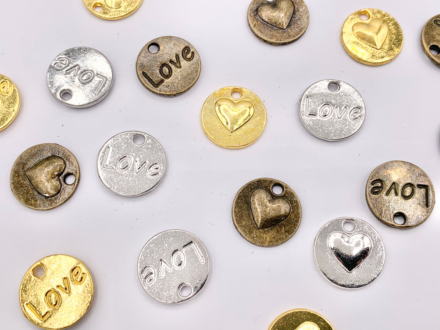 14mm Pewter Double Sided Heart LOVE Coin Charms Valentine's Day Heart Pendants in Gold, Silver, Bronze