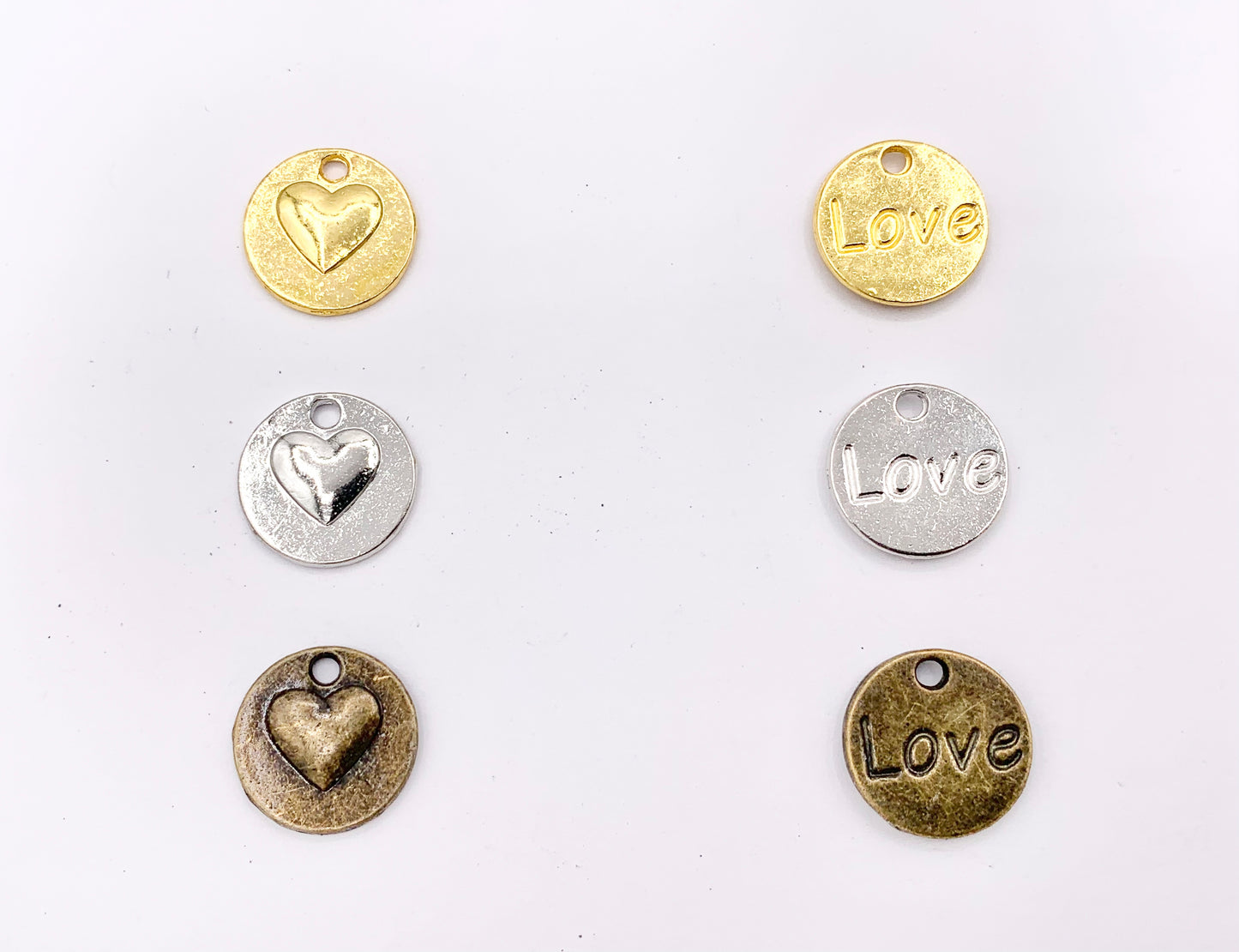 14mm Pewter Double Sided Heart LOVE Coin Charms Valentine's Day Heart Pendants in Gold, Silver, Bronze