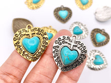 Load image into Gallery viewer, 24x26mm Pewter Heart With Turquoise Charms Valentine&#39;s Day Heart Pendants in Gold, Silver and Bronze Color 15 PCS
