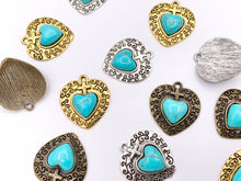 Load image into Gallery viewer, 24x26mm Pewter Heart With Turquoise Charms Valentine&#39;s Day Heart Pendants in Gold, Silver and Bronze Color 15 PCS
