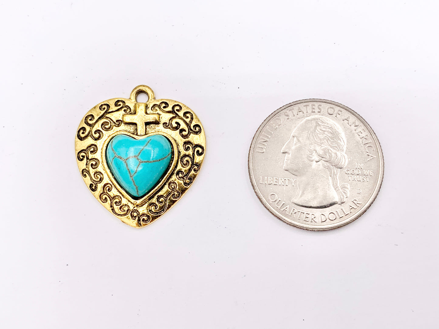 24x26mm Pewter Heart With Turquoise Charms Valentine's Day Heart Pendants in Gold, Silver and Bronze Color 15 PCS
