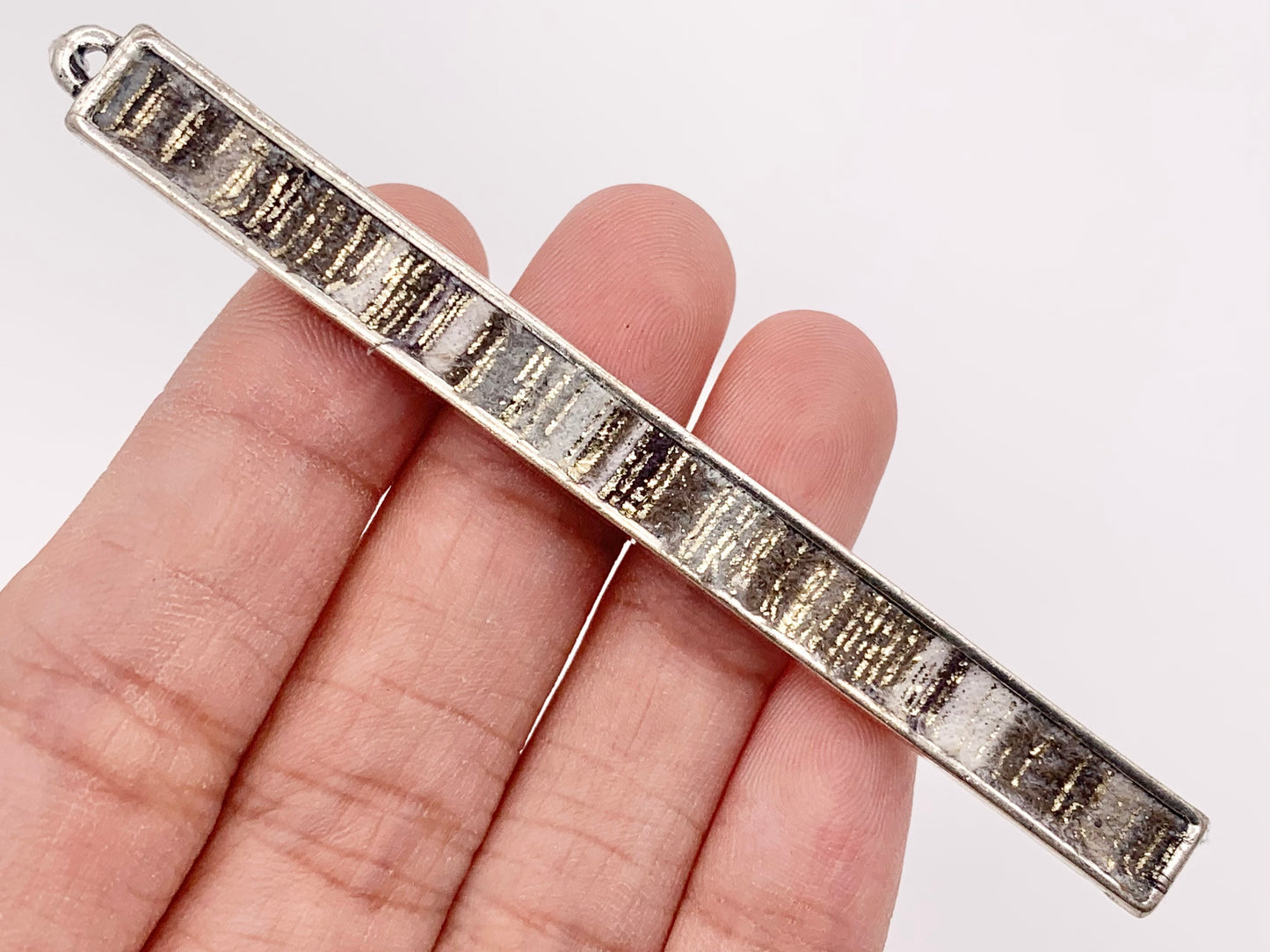 7x83mm/3.26 inches Pewter Hand Crafted Bar Pendants with Gray Fabric in Gold, Silver and Brass