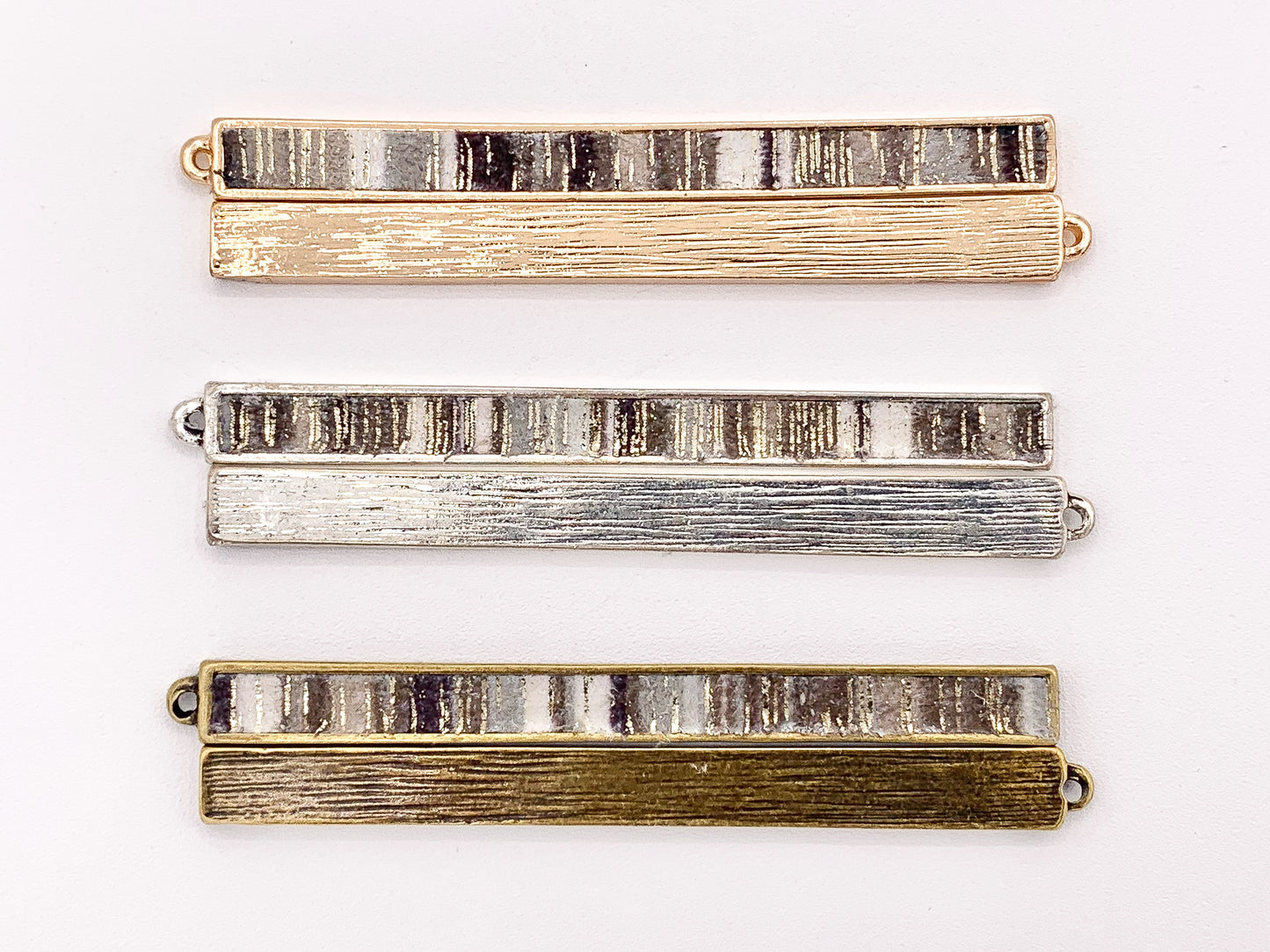 7x83mm/3.26 inches Pewter Hand Crafted Bar Pendants with Gray Fabric in Gold, Silver and Brass