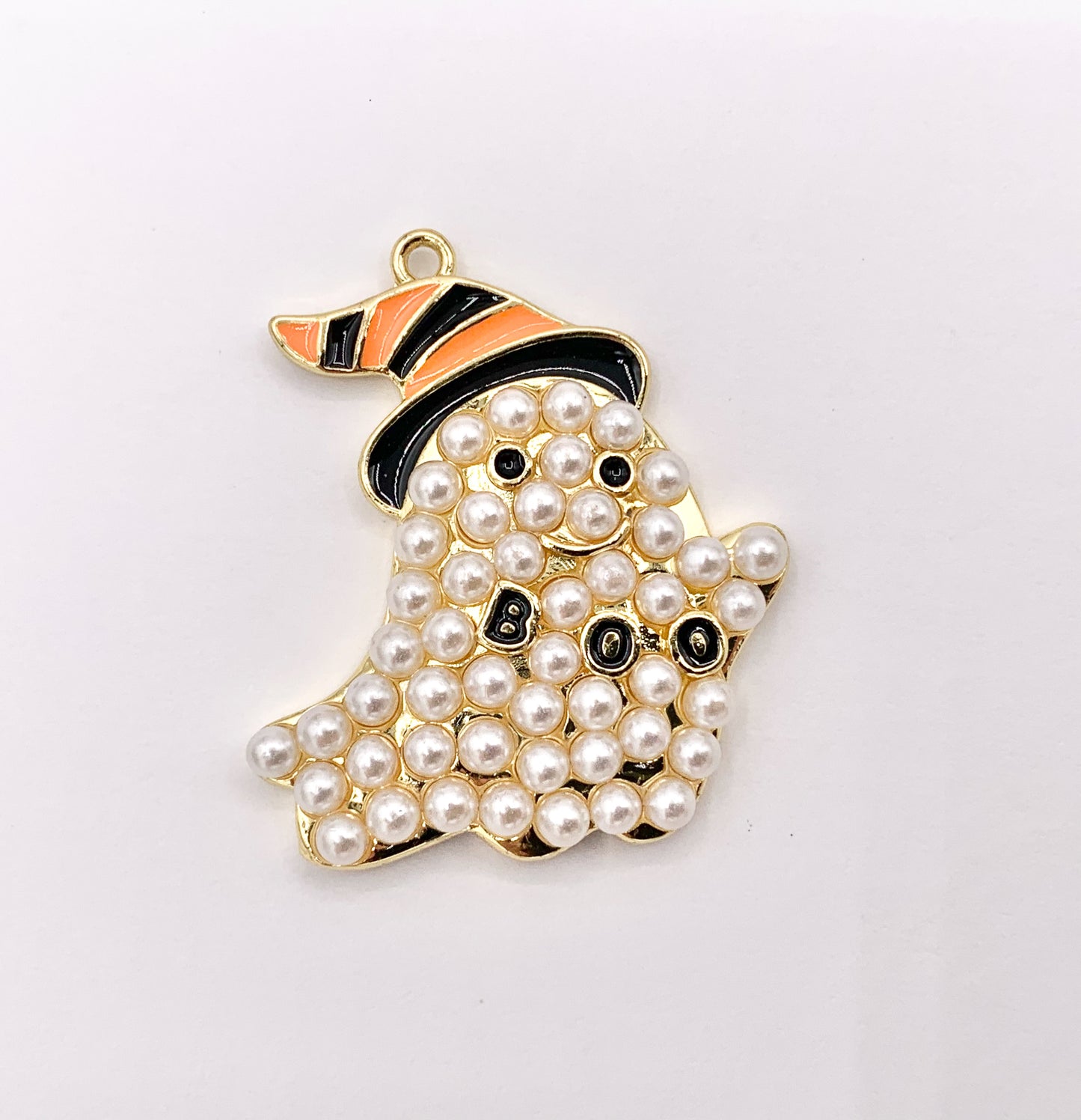 Large Halloween Ghost Charms with Imitation Pearls Black And Orange Enamel Plated Cute Ghost Boo in 18K Gold Plated Copper Base5 PCS