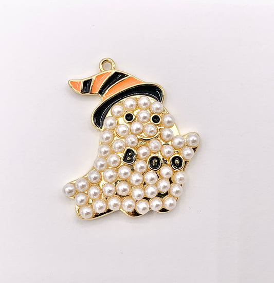 Large Halloween Ghost Charms with Imitation Pearls Black And Orange Enamel Plated Cute Ghost Boo in 18K Gold Plated Copper Base5 PCS