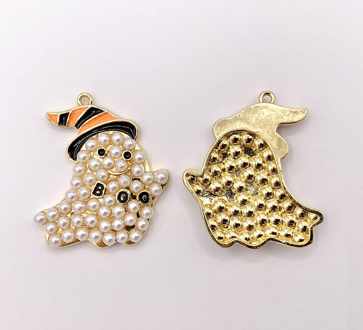 Large Halloween Ghost Charms with Imitation Pearls Black And Orange Enamel Plated Cute Ghost Boo in 18K Gold Plated Copper Base5 PCS