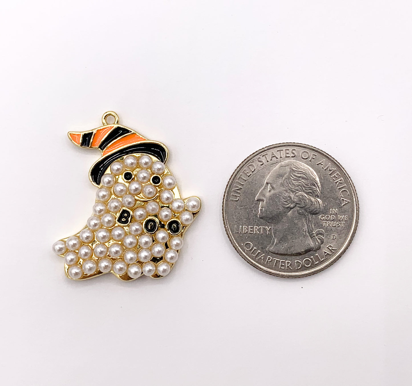 Large Halloween Ghost Charms with Imitation Pearls Black And Orange Enamel Plated Cute Ghost Boo in 18K Gold Plated Copper Base5 PCS