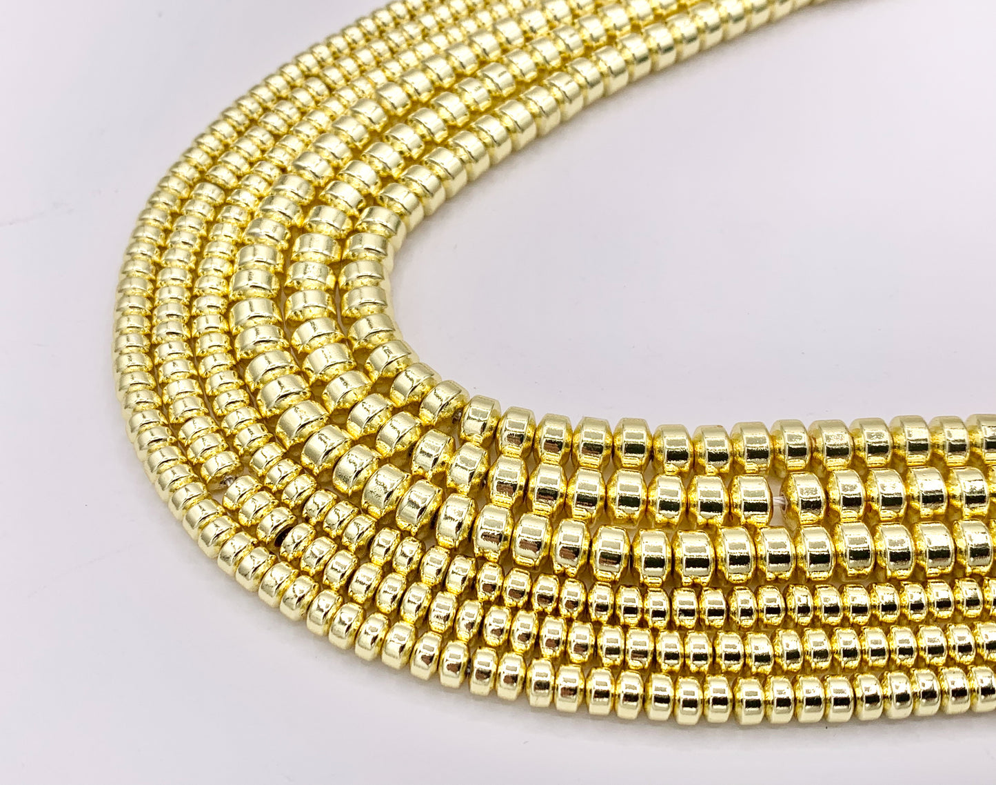 Hematite Puffy Wheel Shiny Spacer Beads | Real 18K Gold Plated Stone Beads 4mm 6mm Around 16"