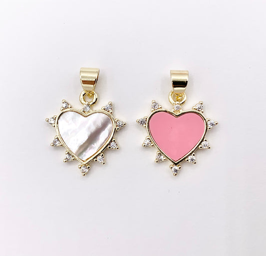 18K Real Gold Plated Micro CZ Pave White Lip Shell & Pink Enamel Heart Charm Pendant Over Copper 10 PCS