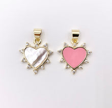 Cargar imagen en el visor de la galería, 18K Real Gold Plated Micro CZ Pave White Lip Shell &amp; Pink Enamel Heart Charm Pendant Over Copper 10 PCS
