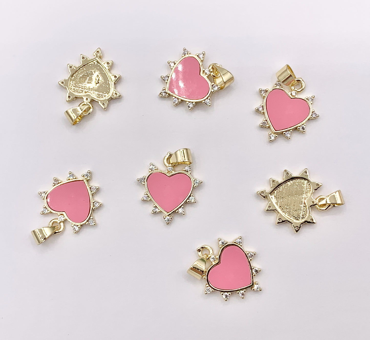 18K Real Gold Plated Micro CZ Pave White Lip Shell & Pink Enamel Heart Charm Pendant Over Copper 10 PCS