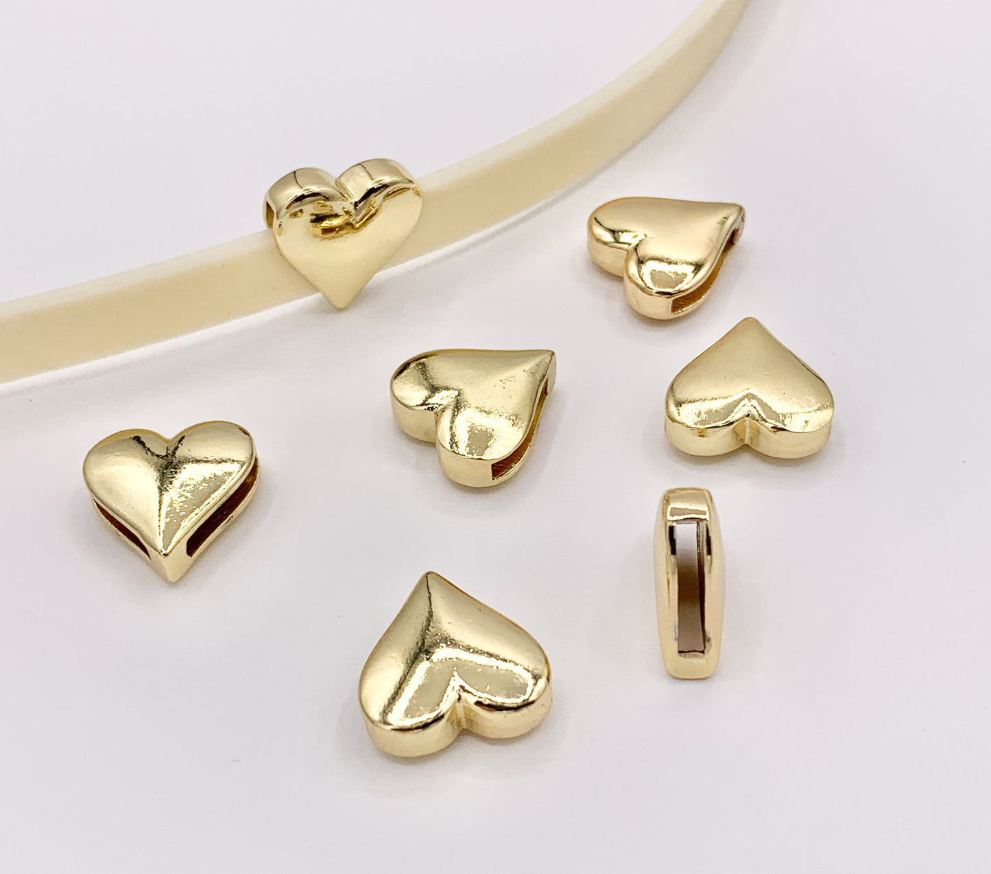 Plain Puffy Heart Slider Charms in 18K Gold plated Copper 10 PCS