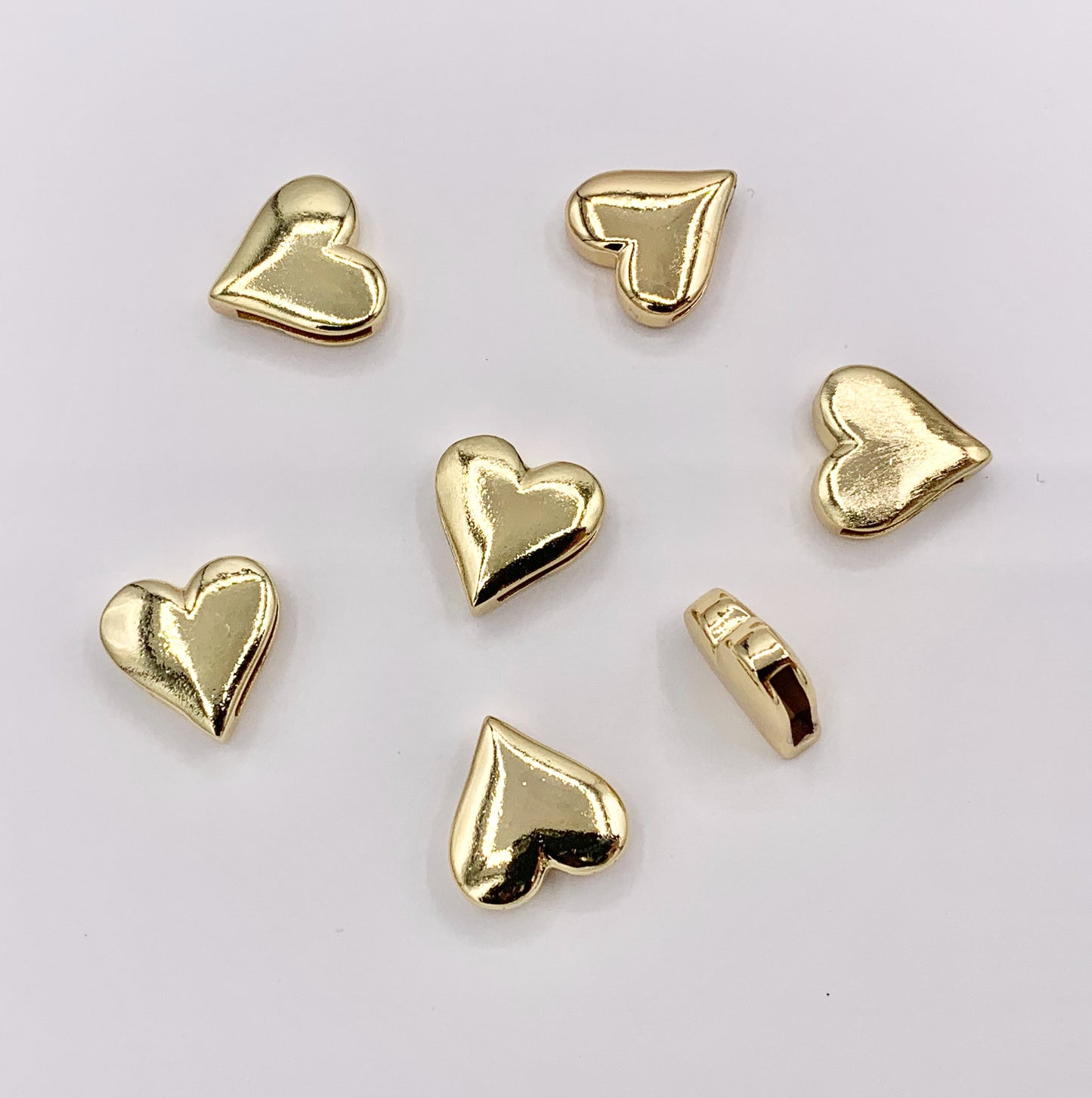 Plain Puffy Heart Slider Charms in 18K Gold plated Copper 10 PCS