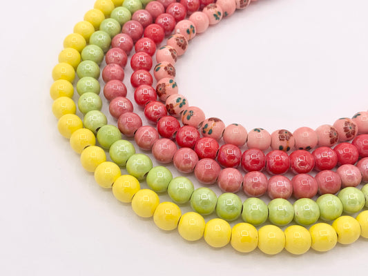 Ceramic Porcelain Beads Round Shiny Glossy Beads For Jewelry Making Yellow Green Red Flora 11-12"