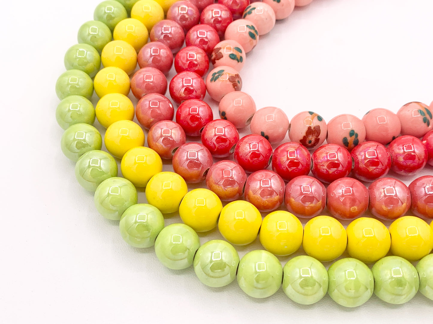 Ceramic Porcelain Beads Round Shiny Glossy Beads For Jewelry Making Yellow Green Red Flora 11-12"