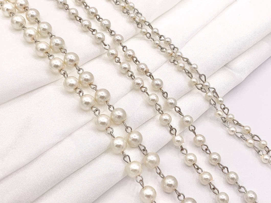 Vintage Glass Pearl Imitation White/Cream Pearl Rosary Style Beaded Chain With Silver Wire By Foot/Yard 4mm 6mm 8mm