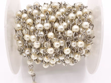 Load image into Gallery viewer, Vintage Glass Pearl Imitation White/Cream Pearl Rosary Style Beaded Chain With Silver Wire By Foot/Yard 4mm 6mm 8mm
