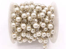 Load image into Gallery viewer, Vintage Glass Pearl Imitation White/Cream Pearl Rosary Style Beaded Chain With Silver Wire By Foot/Yard 4mm 6mm 8mm
