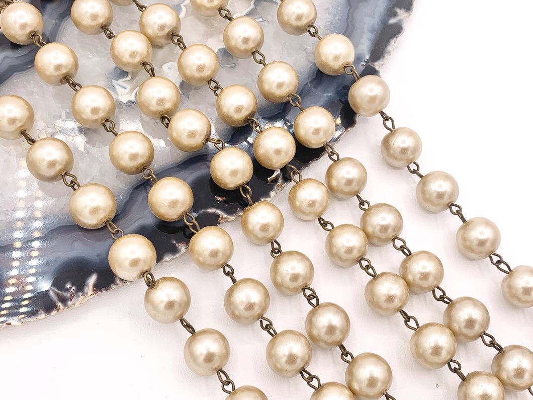 12mm Vintage Glass Pearl Large Imitation Champagne Pearl Rosary Style Beaded Chain With Brass Wire By Foot/Yard