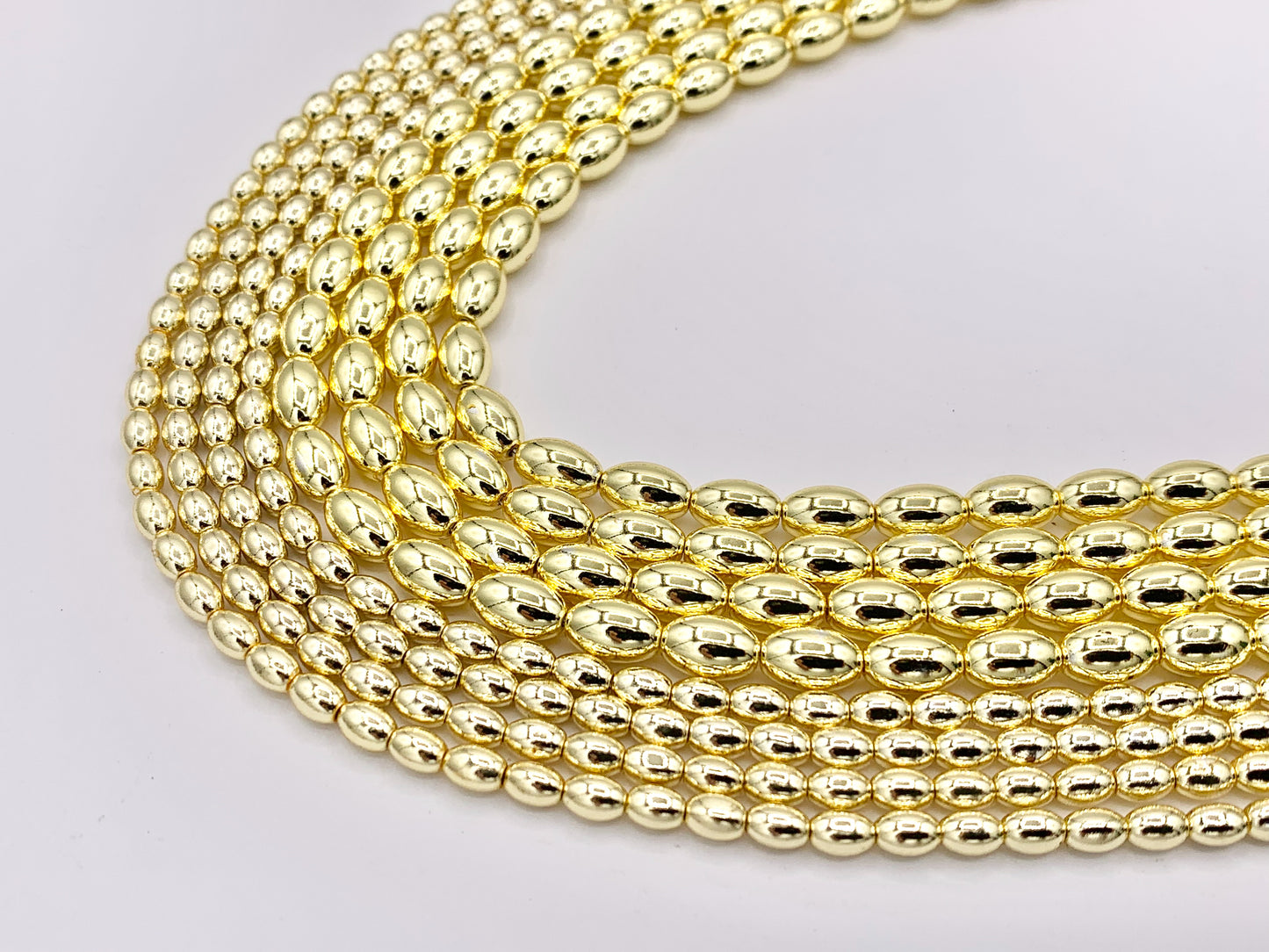 Hematite Puffy Rice Shape Shiny Beads | Real 18K Gold Plated Stone Beads 3mm 5mm Around 16"