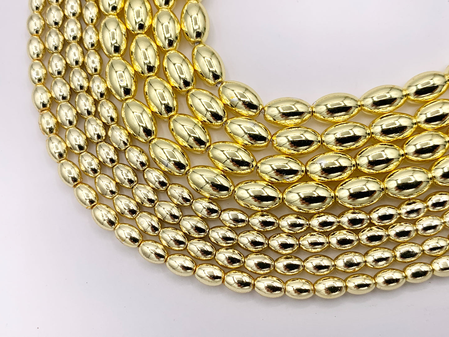 Hematite Puffy Rice Shape Shiny Beads | Real 18K Gold Plated Stone Beads 3mm 5mm Around 16"
