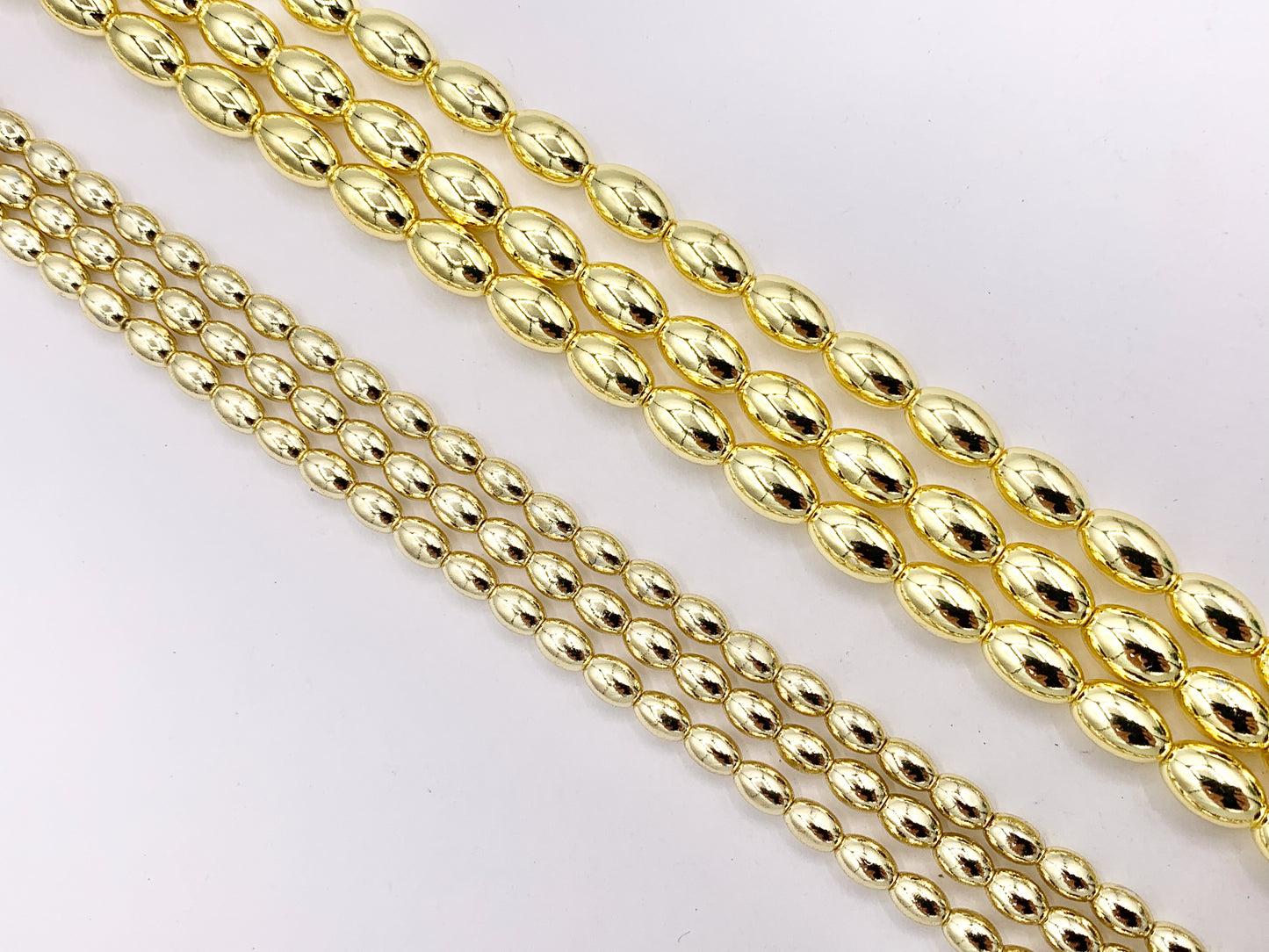 Hematite Puffy Rice Shape Shiny Beads | Real 18K Gold Plated Stone Beads 3mm 5mm Around 16"