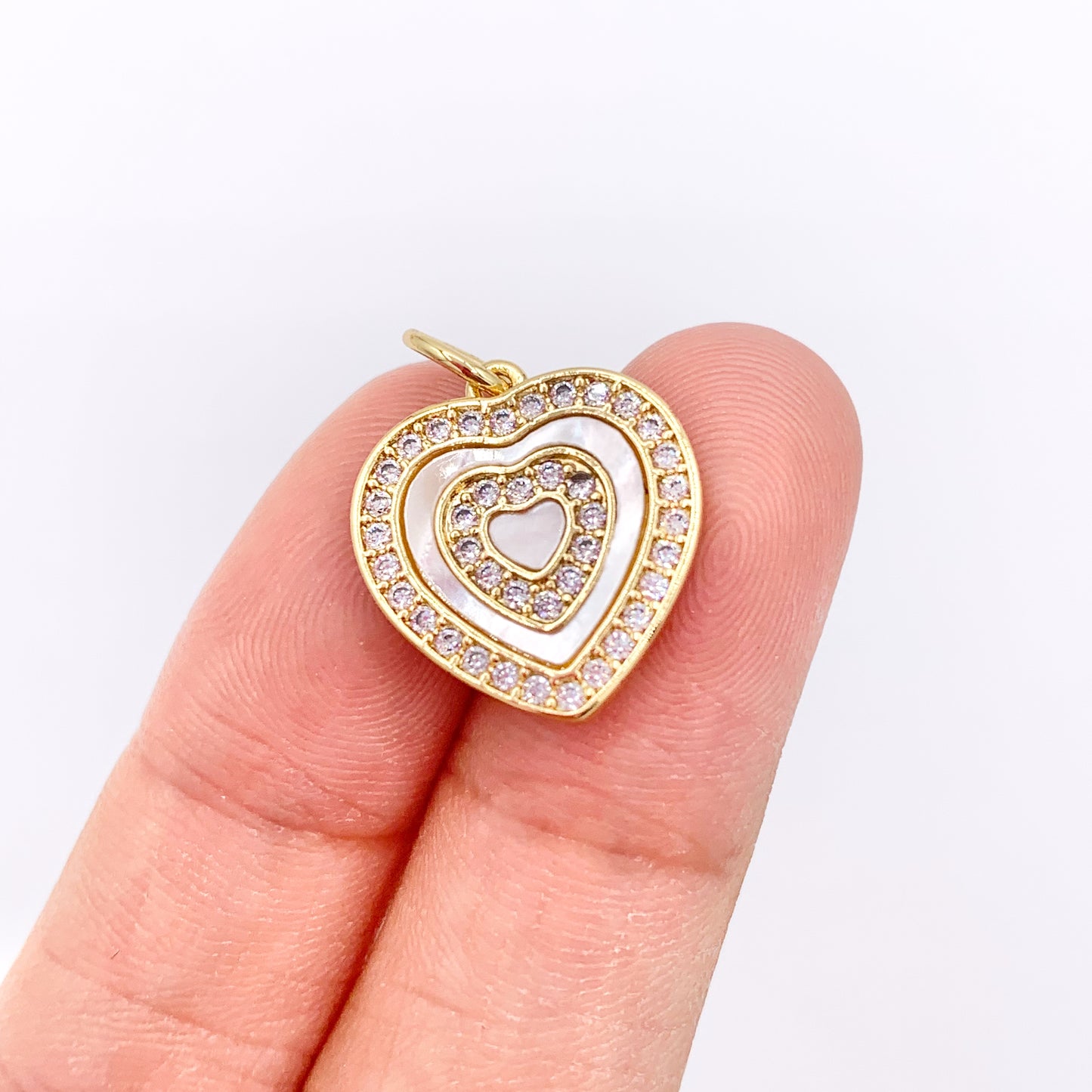 Shell Pearl Heart Charm in CZ Pave Real Gold 18K Plated Over Brass 10 PCS