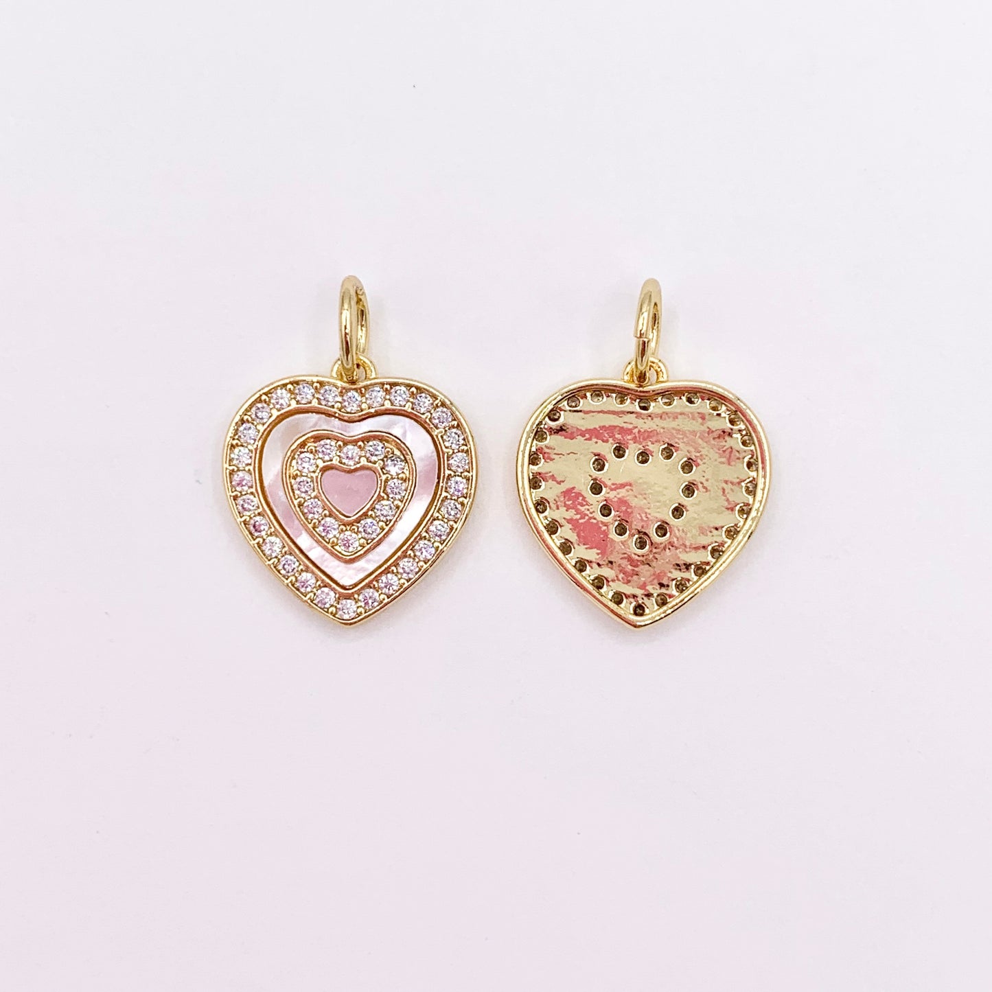 Shell Pearl Heart Charm in CZ Pave Real Gold 18K Plated Over Brass 10 PCS