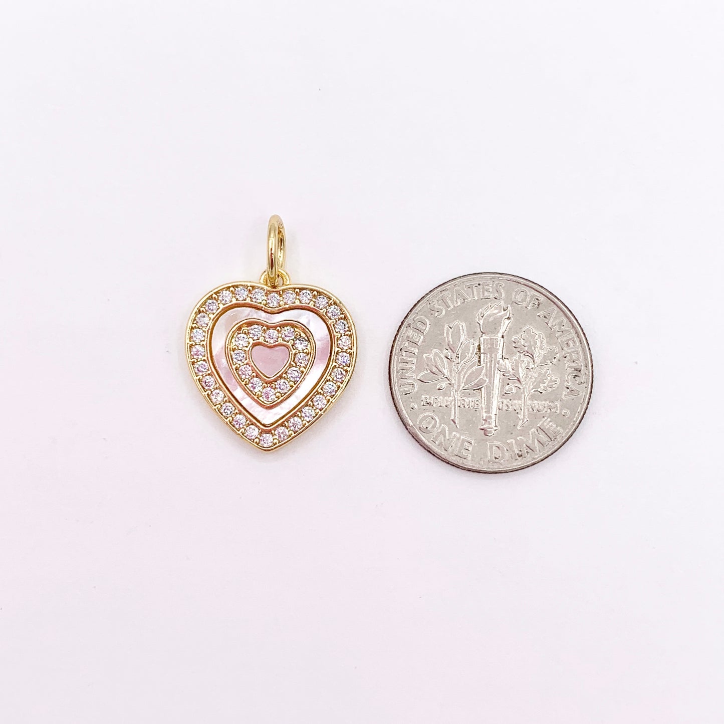 Shell Pearl Heart Charm in CZ Pave Real Gold 18K Plated Over Brass 10 PCS