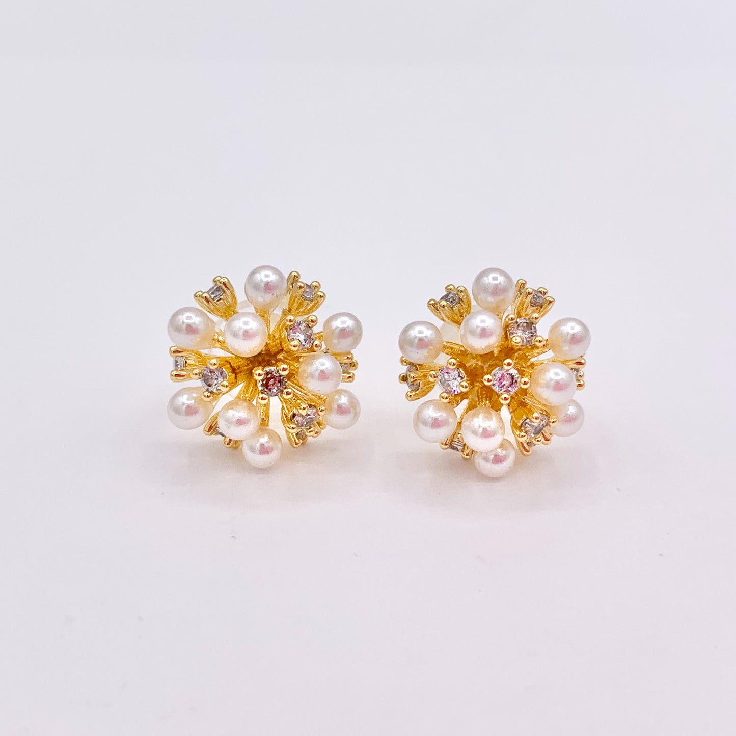 Pretty Unique Pearl CZ Pave Firework Spiky Studs in 18K Gold Plated Copper 3 PAIRS