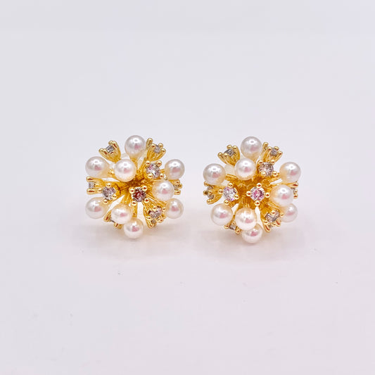 Pretty Unique Pearl CZ Pave Firework Spiky Studs in 18K Gold Plated Copper 3 PAIRS