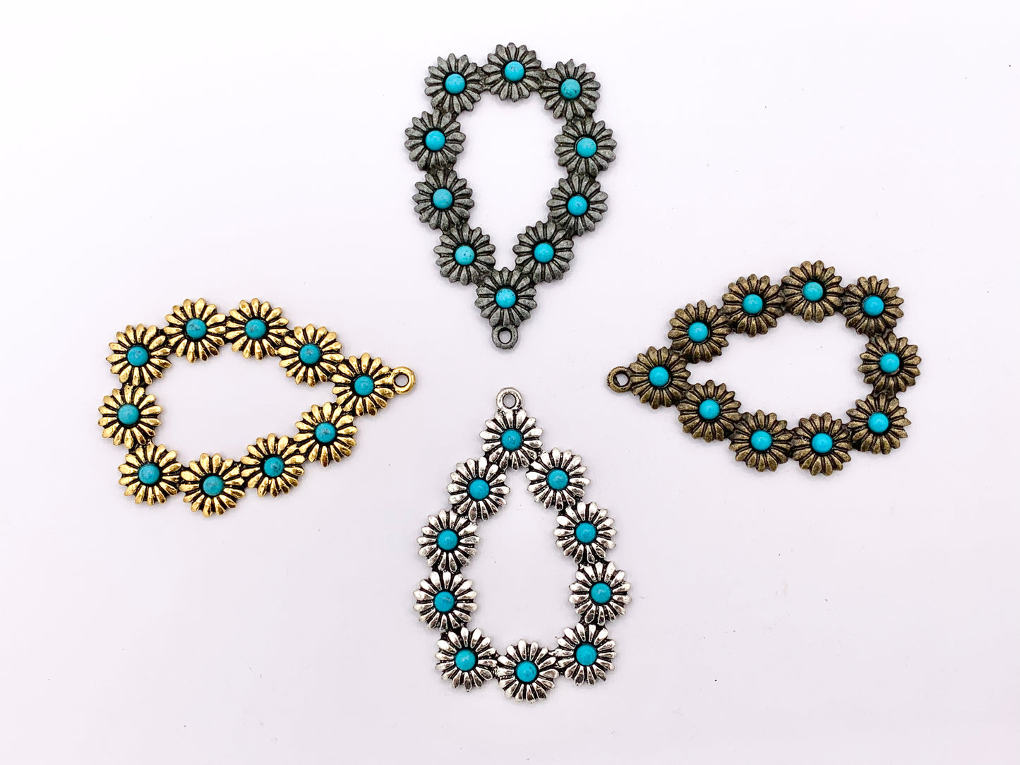 34x49mm Pewter Flora Teardrop Pendants with Turquoise Howlite in Gold, Silver Gunmetal and Bronze Color 6 PCS