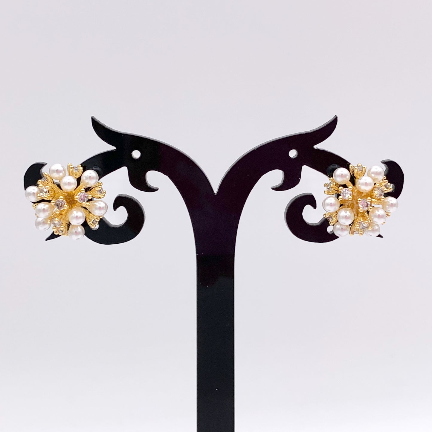 Pretty Unique Pearl CZ Pave Firework Spiky Studs in 18K Gold Plated Copper 3 PAIRS