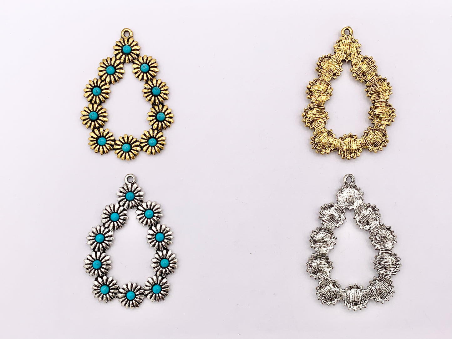 34x49mm Pewter Flora Teardrop Pendants with Turquoise Howlite in Gold, Silver Gunmetal and Bronze Color 6 PCS