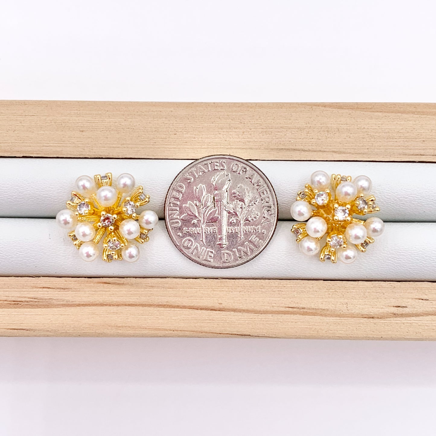 Pretty Unique Pearl CZ Pave Firework Spiky Studs in 18K Gold Plated Copper 3 PAIRS
