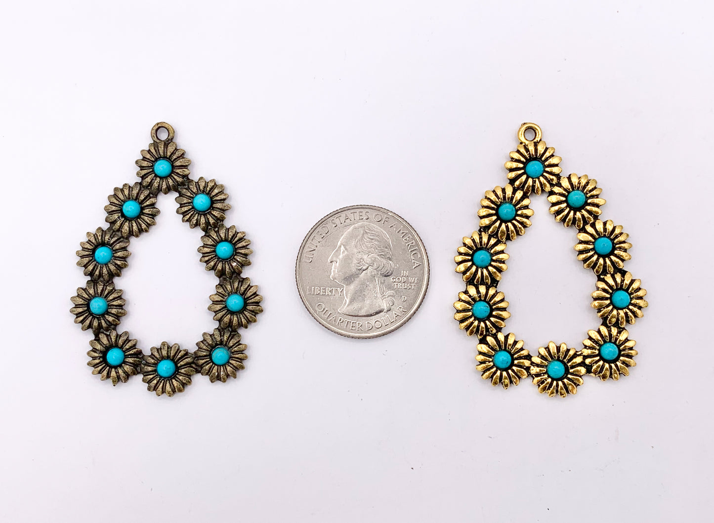 34x49mm Pewter Flora Teardrop Pendants with Turquoise Howlite in Gold, Silver Gunmetal and Bronze Color 6 PCS