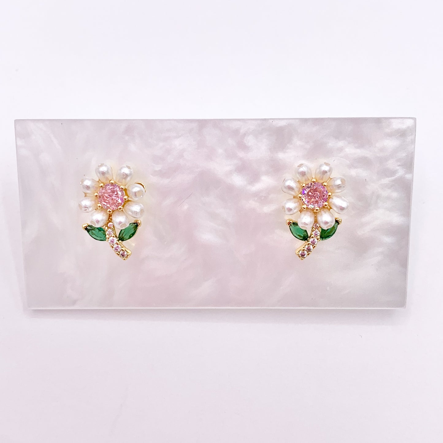 Pearl CZ Pave Flower Studs in 18K Gold Plated Copper 3 PAIRS