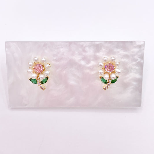 Pearl CZ Pave Flower Studs in 18K Gold Plated Copper 3 PAIRS
